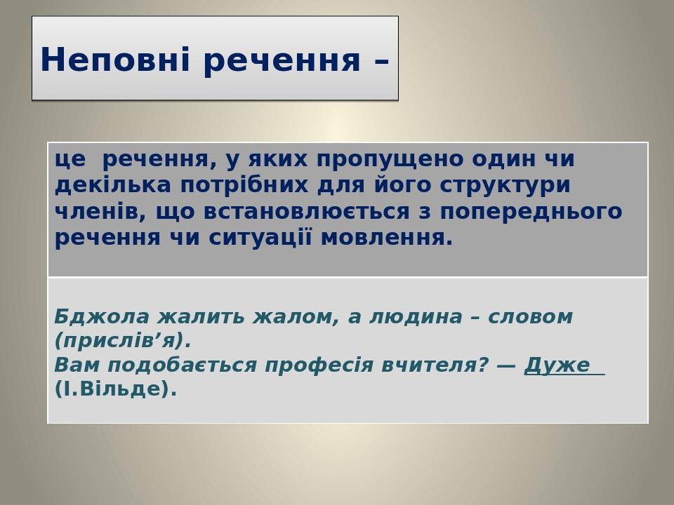 Неповні речення – це речення, уякихпропущено одинчидекількапотрібнихдляйогоструктуричленів,щовстановлюєтьсязпопередньогореченнячиситуаціїмовлення. ...