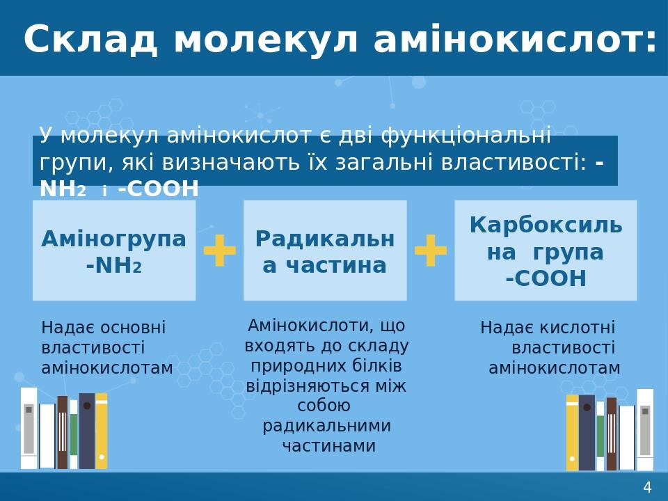 Склад молекул амінокислот: У молекул амінокислот є дві функціональні групи, які визначають їх загальні властивості: -NH2 і -COOH Аміногрупа -NH2 Ра...