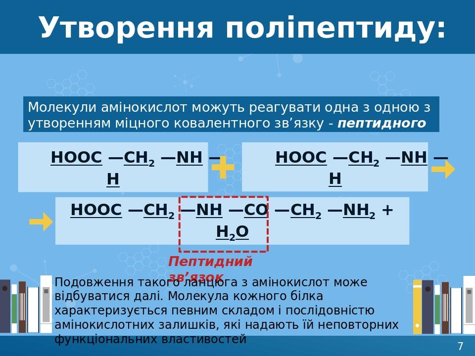 Утворення поліпептиду: Молекули амінокислот можуть реагувати одна з одною з утворенням міцного ковалентного зв’язку - пептидного HOOC —CH2 —NH —H  ...