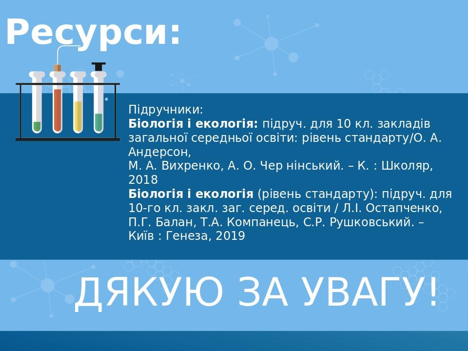 Дякую за увагу! Ресурси: Підручники: Біологія і екологія: підруч. для 10 кл. закладів загальної середньої освіти: рівень стандарту/О. А. Андерсон, ...