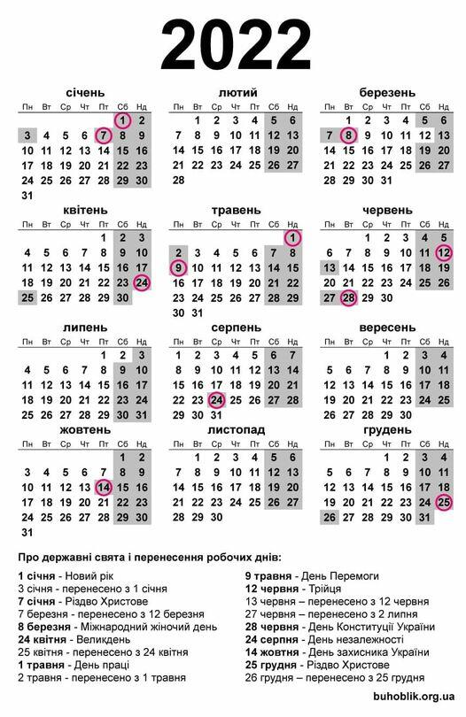 Календар 2022 року
