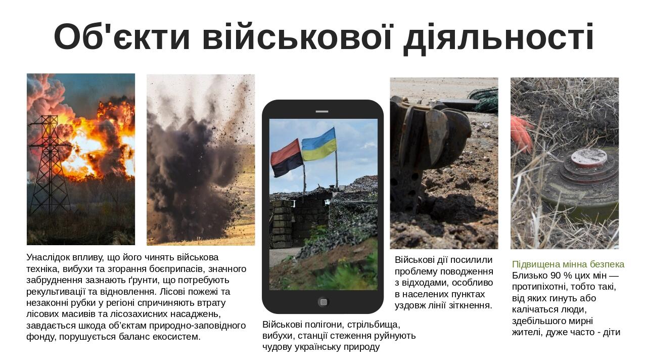 Об'єкти військової діяльності Військові дії посилили проблему поводження з відходами, особливо в населених пунктах уздовж лінії зіткнення. Підвищен...
