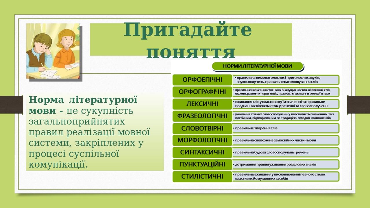 Пригадайте поняття Нормалітературної мови -це сукупність загальноприйнятих правил реалізаціїмовноїсистеми, закріплених у процесі суспільної комунік...
