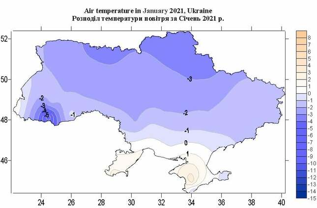 На зображенні може бути: карта та текст «52- Air temperature in January 2021, Ukraine po3noAeл emnepaTypи noBTpR3a c4eHb 2021 p. 50- 48- 46- -6 24 26 28 30 11 32 34 36 -14 38 40»