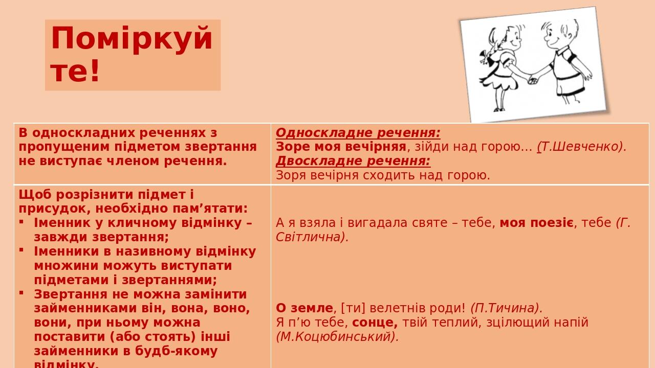 Поміркуйте! В односкладних реченняхз пропущеним підметом звертання не виступає членом речення. Односкладне речення: Зоре моявечірняя, зійди над гор...