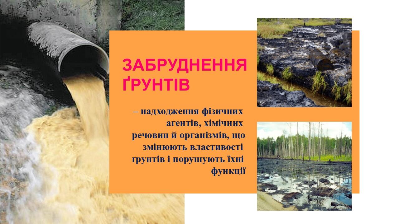 ЗАБРУДНЕННЯ ҐРУНТІВ – надходження фізичних агентів, хімічних речовин й організмів, що змінюють властивості ґрунтів і порушують їхні функції Place Y...