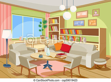 Illustration of a cozy cartoon interior of a home room, a living room with a sofa, armchairs, coffee table, chest of drawers | CanStock